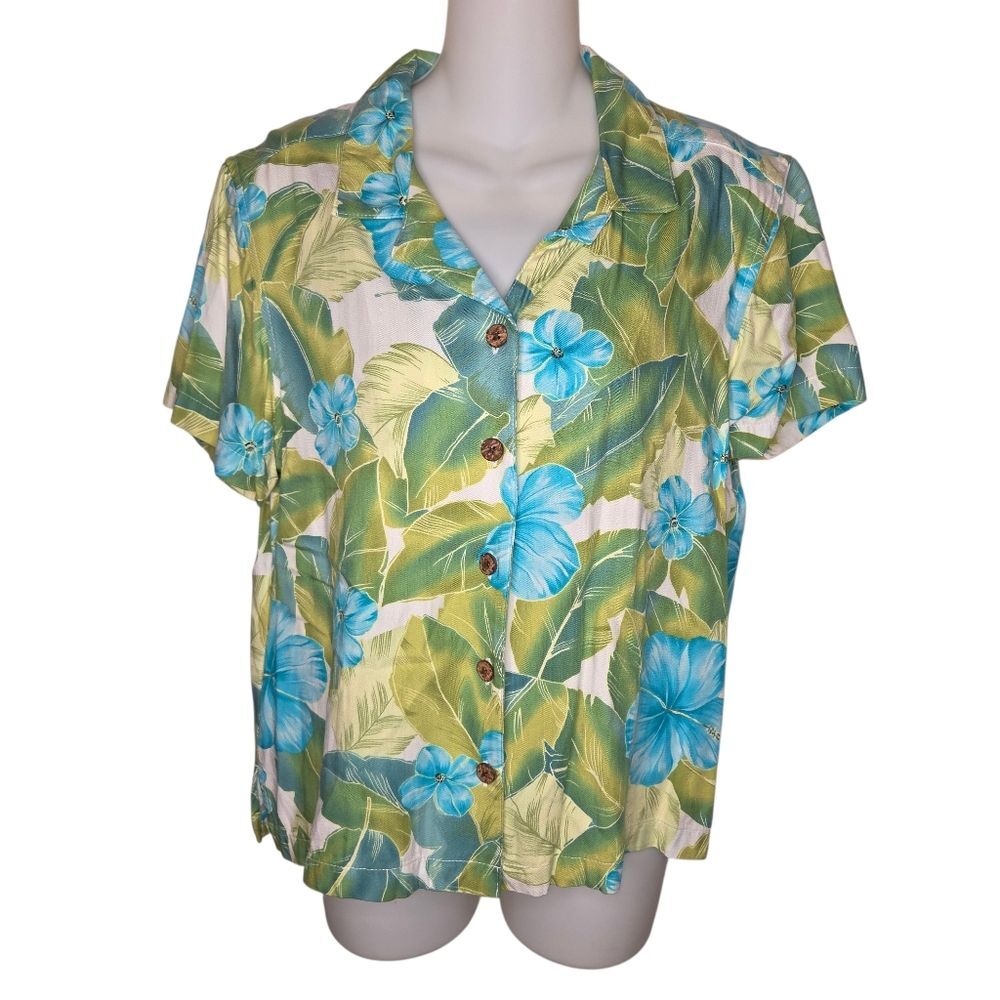 La Cabana Vintage Tropical Floral Hawaiian Print Button-Down Blouse Top Sz Med